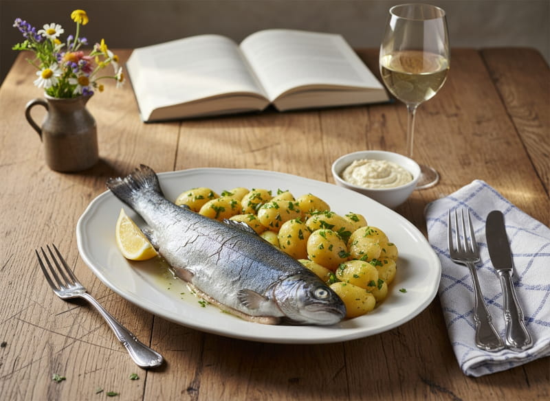Blue trout with horseradish cream and parsley potatoes on an oval plate, Riesling white wine glass, Bavarian farmhouse table
