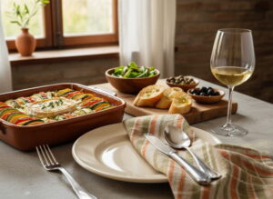 Spring vegetable tian with goat's cheese in ceramic form, Verdicchio white wine glass, Tuscan trattoria setting