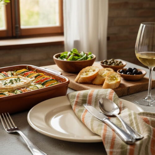 Spring vegetable tian with goat's cheese in ceramic form, Verdicchio white wine glass, Tuscan trattoria setting