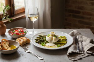 Green asparagus with burrata and lemon-olive oil dressing on a white plate, Mediterranean setting with Vermentino glass