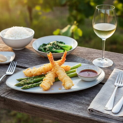 Green asparagus with shrimp tempura and ponzu dip on a plate, with a glass of Grüner Veltliner Kamptal next to it