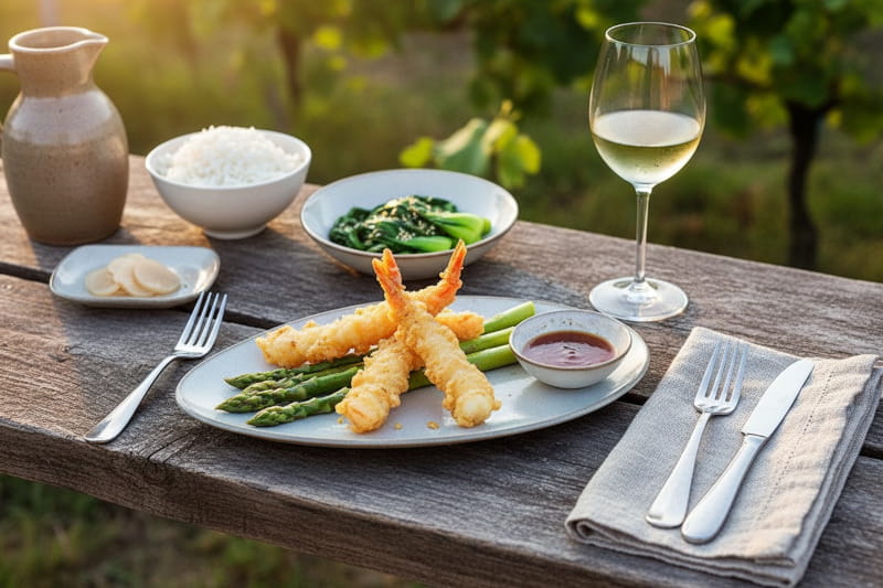 Green asparagus with shrimp tempura and ponzu dip on a plate, with a glass of Grüner Veltliner Kamptal next to it