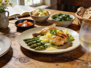 Green asparagus with chicken breast and lemon butter, close-up on white plate, Pinot Blanc white wine glass, Bavarian farm table