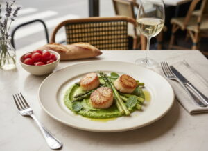 Green asparagus with scallops and pea puree on a cream-colored plate, Pouilly-Fumé white wine glass, Parisian bistro setting
