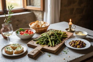 Green asparagus with rocket pesto and ricotta crostini on a rustic wooden board, Vermentino white wine glass, Tuscan trattoria setting