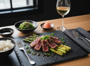 Green asparagus with tuna tataki and sesame dressing on a dark slate plate, Albariño white wine glass, Spanish tapas bar setting
