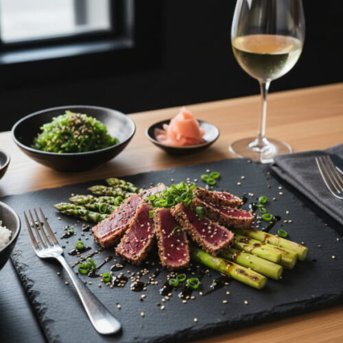 Green asparagus with tuna tataki and sesame dressing on a dark slate plate, Albariño white wine glass, Spanish tapas bar setting