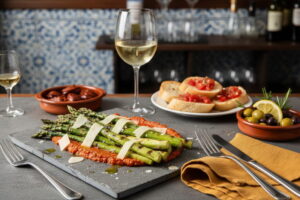 Grilled green asparagus with roasted strips on romesco sauce and heaped Manchego, on a gray stone plate, Spanish tapas setting