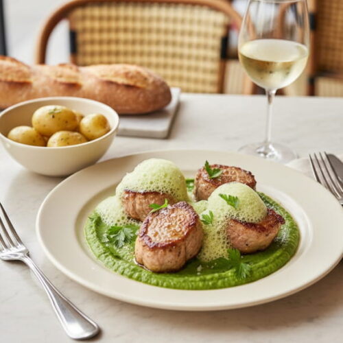 Veal medallions with pea puree and herb foam on a cream-colored plate, Pinot Blanc white wine glass, Parisian bistro setting
