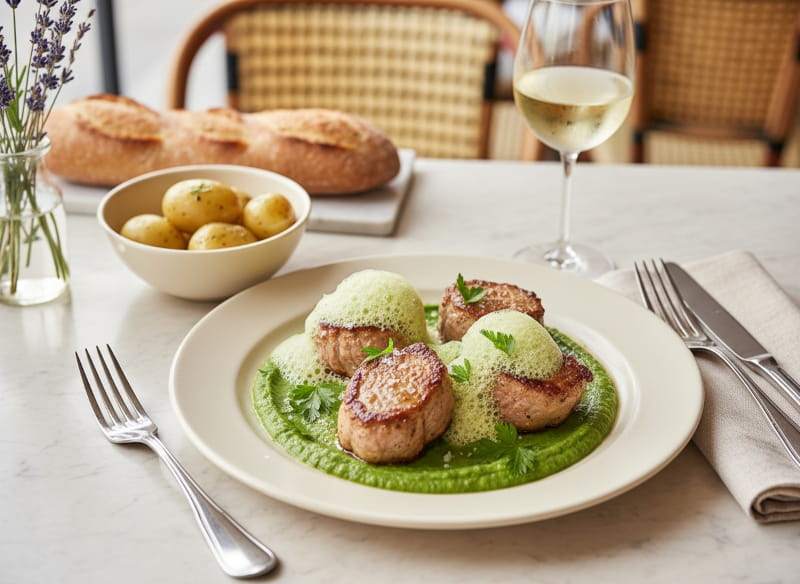 Veal medallions with pea puree and herb foam on a cream-colored plate, Pinot Blanc white wine glass, Parisian bistro setting