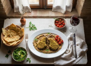 Lamb chops with pistachio and herb crust and eggplant puree on a flat plate, Primitivo red wine glass, Tuscan trattoria setting