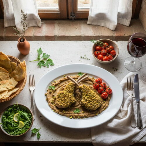 Lamb chops with pistachio and herb crust and eggplant puree on a flat plate, Primitivo red wine glass, Tuscan trattoria setting