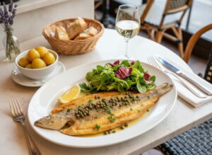 Plaice of corn with caper butter and leaf salad on an oval plate, Chablis white wine glass, Parisian bistro setting