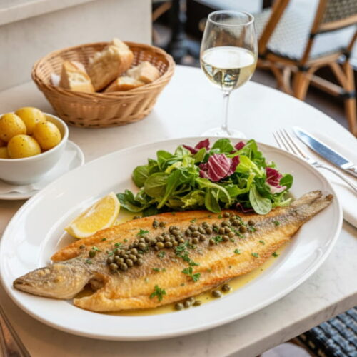 Plaice of corn with caper butter and leaf salad on an oval plate, Chablis white wine glass, Parisian bistro setting