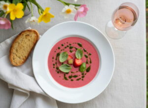 Rhubarb gazpacho cold with strawberry and basil oil in a matte plate, Rosé de Provence glass, spring-like outdoor setting