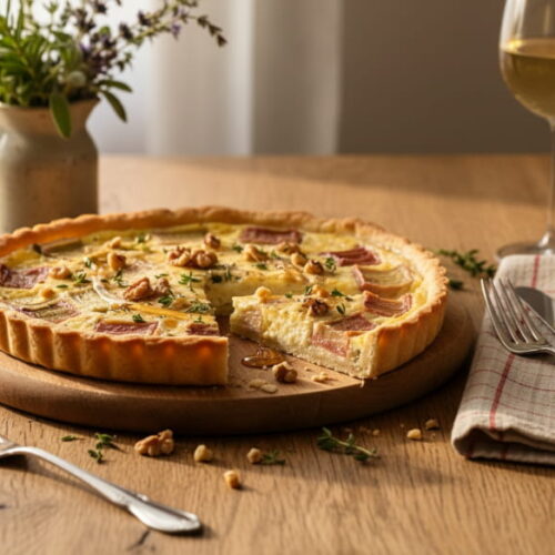 Hearty rhubarb tart with goat's cheese and walnut on a rustic wooden board, Gewürztraminer white wine glass, Bavarian farmhouse table
