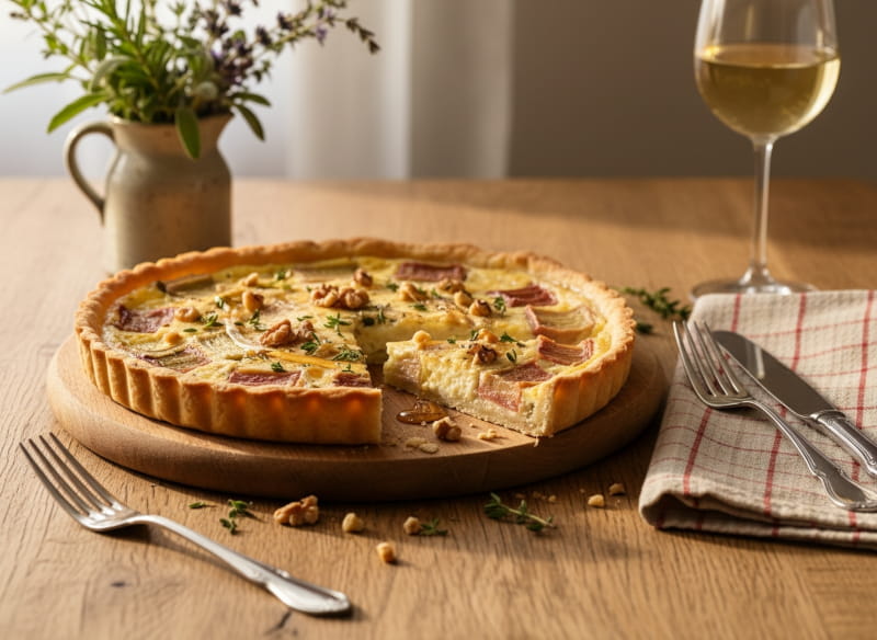 Hearty rhubarb tart with goat's cheese and walnut on a rustic wooden board, Gewürztraminer white wine glass, Bavarian farmhouse table