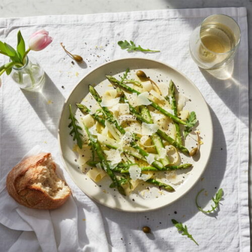 Asparagus carpaccio raw with parmesan shavings and lemon oil on a cream-colored plate, Pinot Grigio white wine glass, northern Italian marble setting