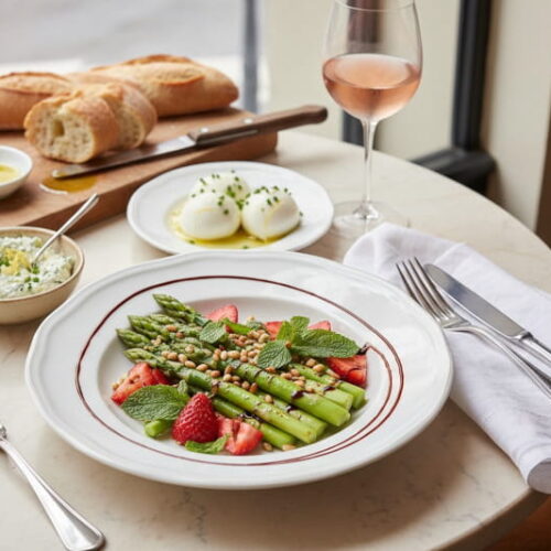 Asparagus and strawberry salad with balsamic reduction, fresh mint and pine nuts on white porcelain, next to a rosé glass, Parisian bistro setting