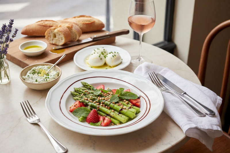 Asparagus and strawberry salad with balsamic reduction, fresh mint and pine nuts on white porcelain, next to a rosé glass, Parisian bistro setting