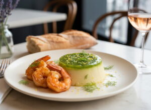 Hearty asparagus panna cotta with asparagus jelly and prawns on a cream-colored plate, Rosé de Provence glass, Parisian bistro setting