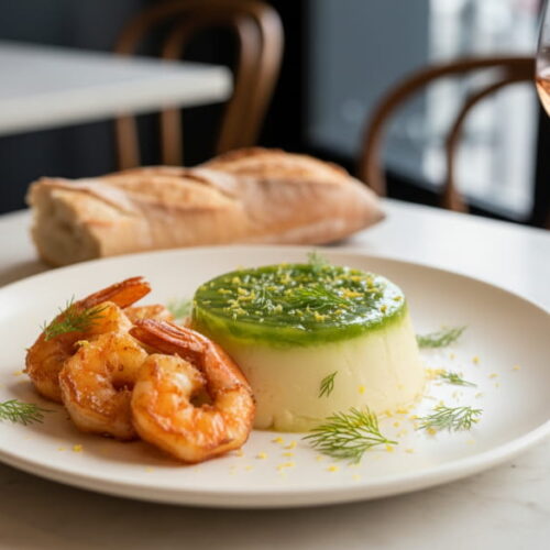 Hearty asparagus panna cotta with asparagus jelly and prawns on a cream-colored plate, Rosé de Provence glass, Parisian bistro setting