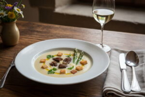 Cream of asparagus soup with morels and croutons in a white soup plate, Bavarian window light, white wine glass slightly misted over