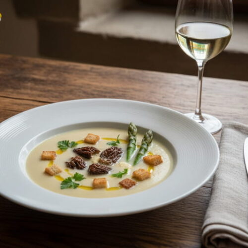 Cream of asparagus soup with morels and croutons in a white soup plate, Bavarian window light, white wine glass slightly misted over