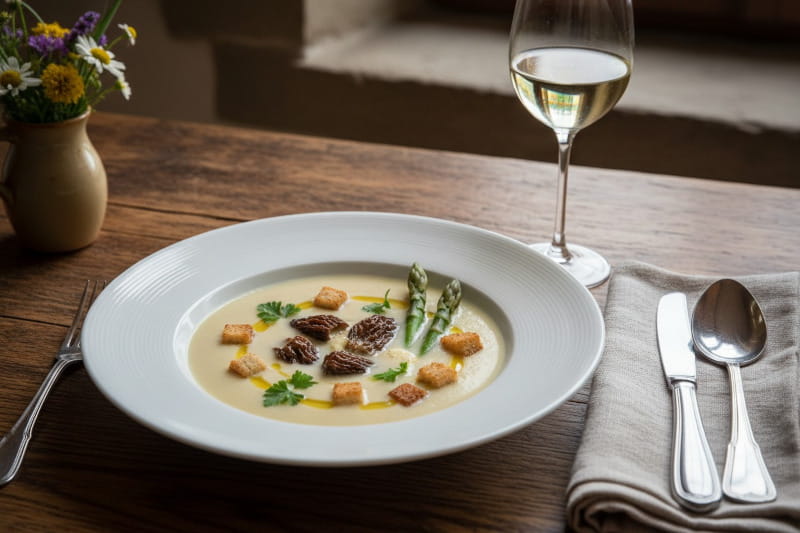 Cream of asparagus soup with morels and croutons in a white soup plate, Bavarian window light, white wine glass slightly misted over