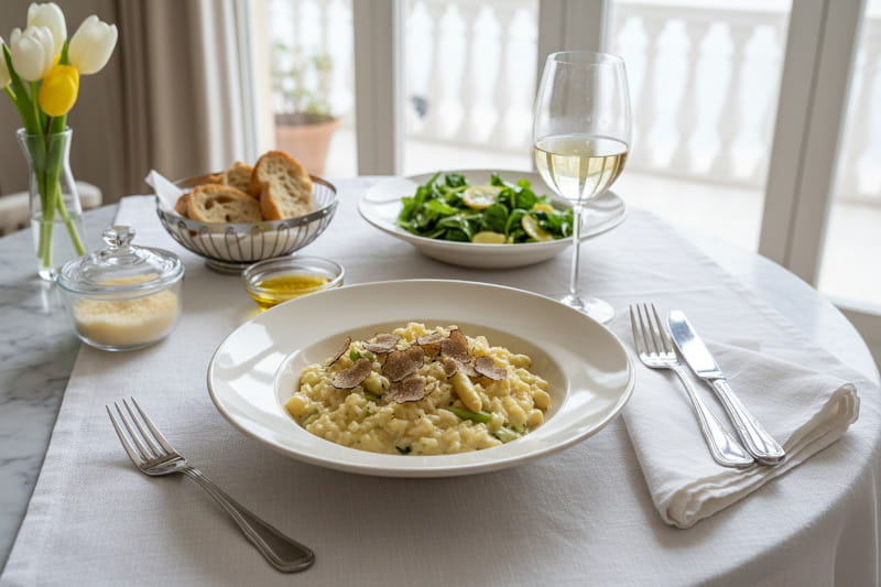 Asparagus risotto with white asparagus and black truffle in a deep plate, with a glass of Bourgogne Blanc next to it