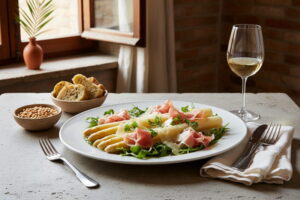 Asparagus salad with Prosciutto di Parma and Parmesan shavings on a white plate, Sancerre white wine glass next to it, Tuscan trattoria setting