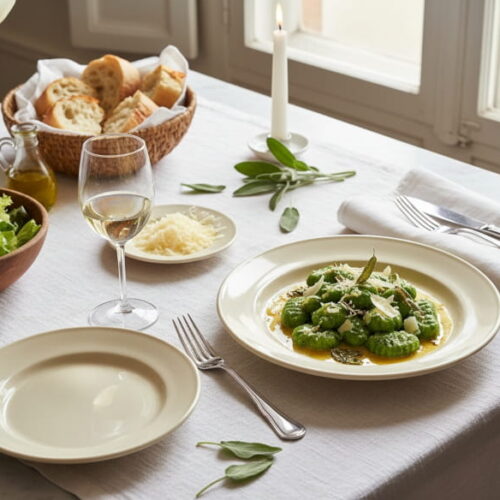 Spinach gnocchi with sage butter and parmesan cream in a deep plate, Soave Classico white wine glass, northern Italian marble setting