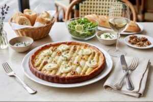 White asparagus tarte tatin with goat's cream cheese and honey on a porcelain plate, Parisian bistro light, white wine glass slightly misted over