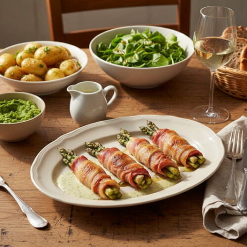 White asparagus baked in a ham coating with tarragon sauce on a plate, with a glass of Pinot Blanc Palatinate next to it