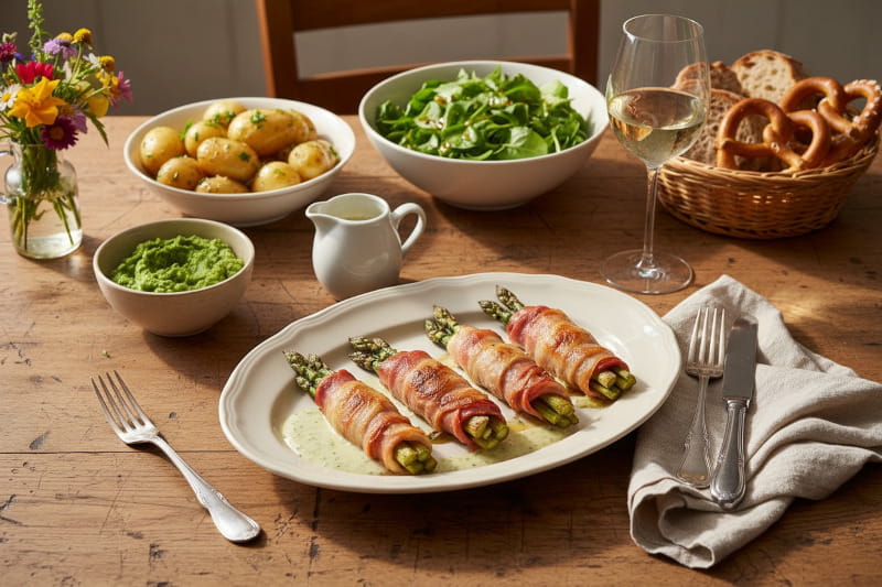 White asparagus baked in a ham coating with tarragon sauce on a plate, with a glass of Pinot Blanc Palatinate next to it