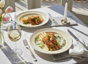 White asparagus with sweetbreads and sauce gribiche on a cream-colored plate, Meursault white wine glass, northern Italian marble setting