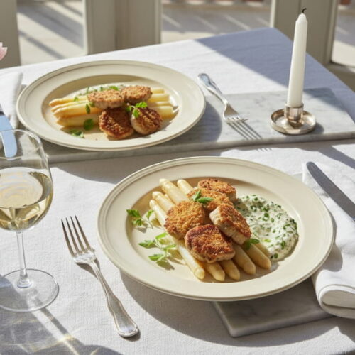 White asparagus with sweetbreads and sauce gribiche on a cream-colored plate, Meursault white wine glass, northern Italian marble setting
