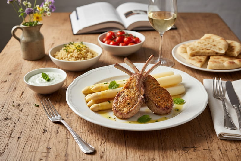 White asparagus with lamb chop and mint yoghurt sauce on a white plate, Grüner Veltliner Smaragd white wine glass, Bavarian farmhouse table