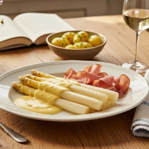 White asparagus with hollandaise sauce and Black Forest ham on an oval porcelain plate, Bavarian Sunday light, with white wine glass