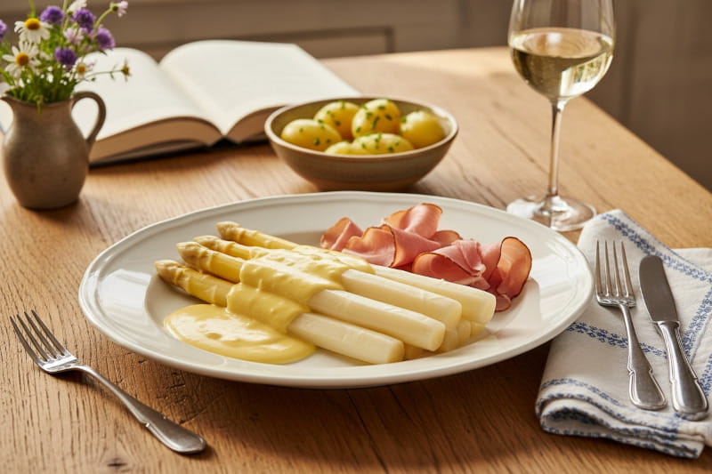 White asparagus with hollandaise sauce and Black Forest ham on an oval porcelain plate, Bavarian Sunday light, with white wine glass