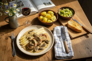 White asparagus with pork fillet medallions and morel sauce, sauce is poured, Pinot Gris white wine glass, Bavarian farmhouse table