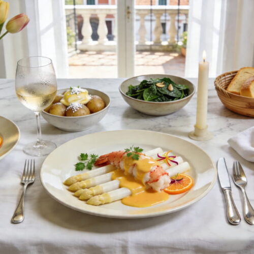 White asparagus with poached lobster and Maltaise sauce on a cream-colored plate, Grüner Veltliner white wine glass, northern Italian marble setting