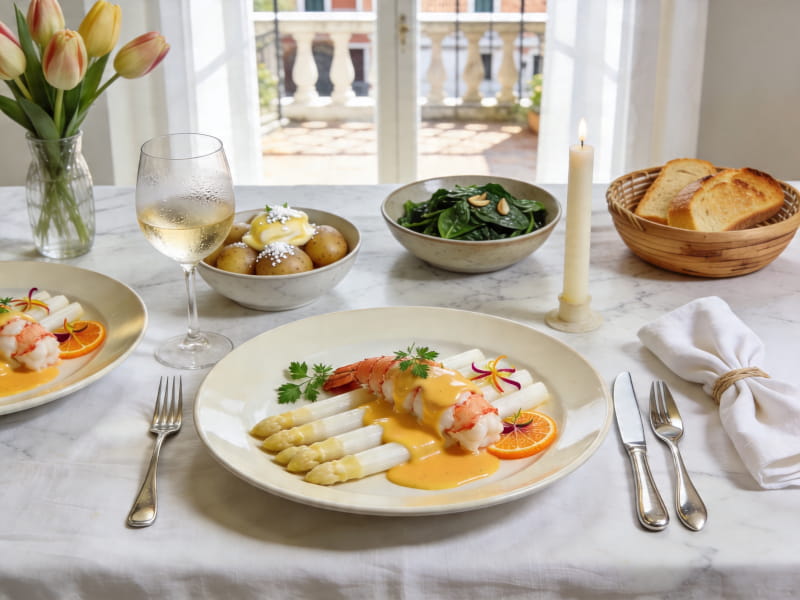 White asparagus with poached lobster and Maltaise sauce on a cream-colored plate, Grüner Veltliner white wine glass, northern Italian marble setting