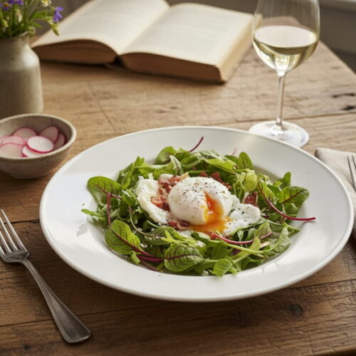 Wild herb salad with poached egg and bacon cubes on a white plate, Silvaner white wine glass, Bavarian farm table