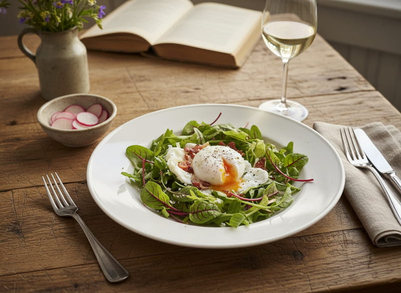 Wild herb salad with poached egg and bacon cubes on a white plate, Silvaner white wine glass, Bavarian farm table
