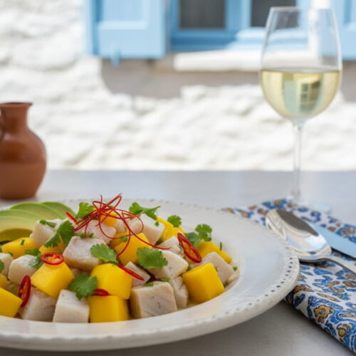 Ceviche of sea bass with mango cubes, chili and coriander, close-up on a white plate, Mediterranean setting