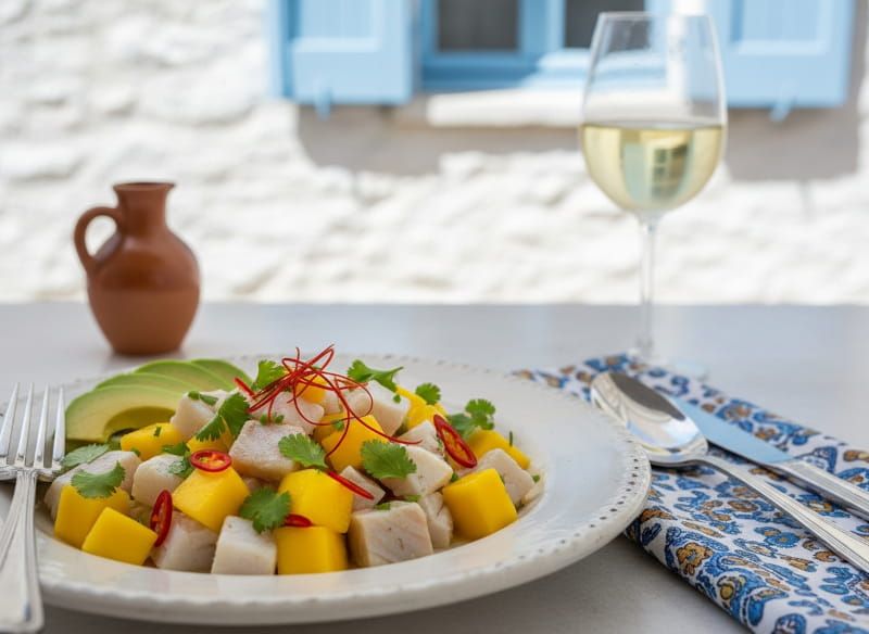 Ceviche of sea bass with mango cubes, chili and coriander, close-up on a white plate, Mediterranean setting