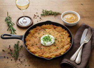 Golden-brown dibbelabbes in a cast-iron pan with sour cream and chives, white wine glass slightly misted, oak farmhouse table, warm Eifel kitchen light, oblique bird's-eye view