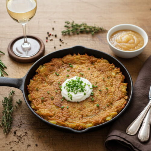 Golden-brown dibbelabbes in a cast-iron pan with sour cream and chives, white wine glass slightly misted, oak farmhouse table, warm Eifel kitchen light, oblique bird's-eye view