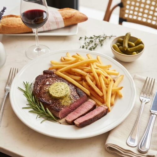 Entrecôte with Café de Paris butter and French fries on a white plate, Bordeaux red wine glass, Parisian bistro setting